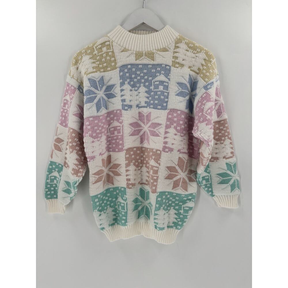 Spunky Vintage 80s Sweater Womens Small White Multicolor Pastel Patchwork Knit